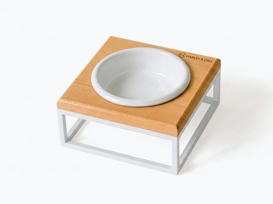 Одна миска на підставці з білою керамічною мискою Lunch Bar Natural Wood + White