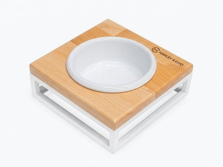 Одна миска на підставці з білою керамічною мискою Lunch Bar Natural Wood + White